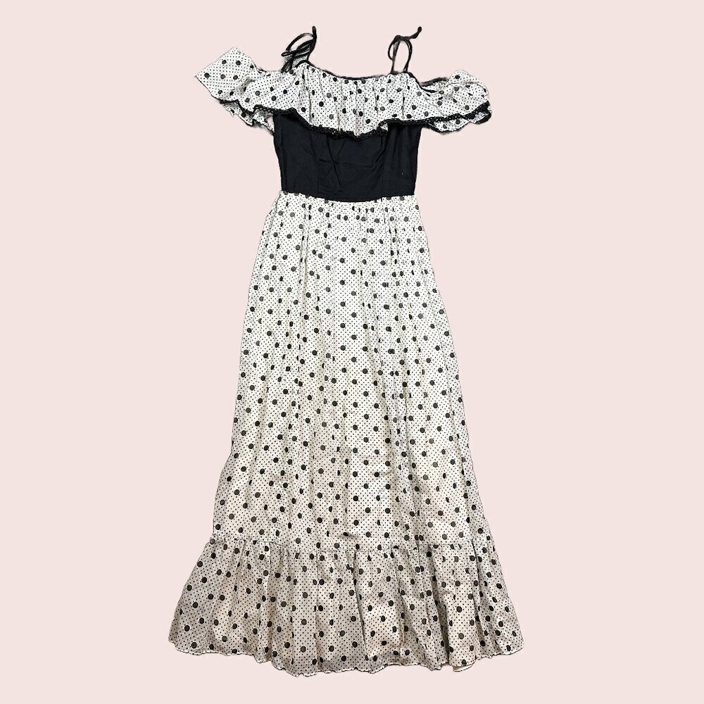 Vintage Darling Debs 60s 70s Polka Dot Off Shoulder Ruffle Maxi Dress X-Small